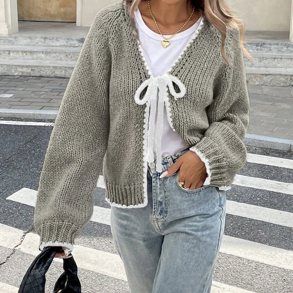 Grey Casual Women's  Contrast Color Trim Knot V-Neck Long Sleeve Cardigan